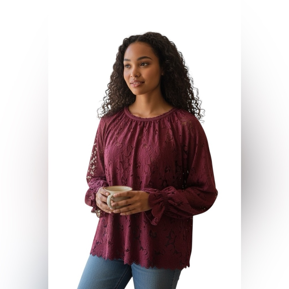 Free People boho bohemian Elegant Lace Long Sleeve Top - Burgundy